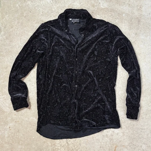 Vintage Shrine Of Hollywood Black Velvet Floral Button Down Shirt Men’s Medium - Picture 2 of 14